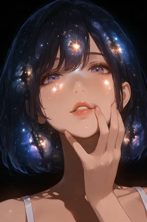 (Double exposure:1.3), effect of a women's face superimposed, femdom, dark background, portrait, ultra detailed,Galaxy