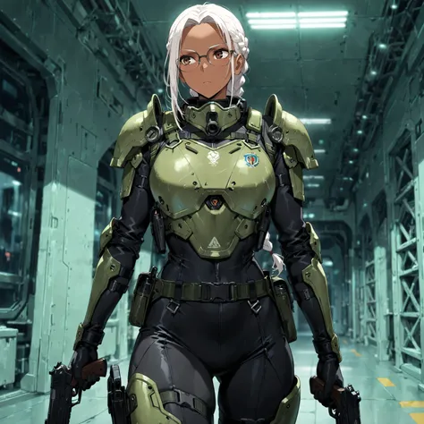 masterpiece , best quality , 1female , adult , dark skin , beautiful , solo , long white hair , braided hair , beautiful vibrant brown eyes , green and white armor , black bodysuit , relaxed expression , standing still , glasses , holding handgun , futuris...