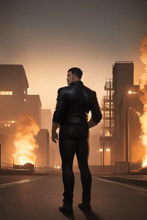 can you draw a big man in a black leather jacket in alert mode exploring the vicinity of a blast furnace at night，,周囲を観察する警戒態勢の表情の   maleを描いてください,use cinematic lighting and ray tracing  ，An all-back man with facial damage,黒い髪,   male,  male,,use cinematic ...