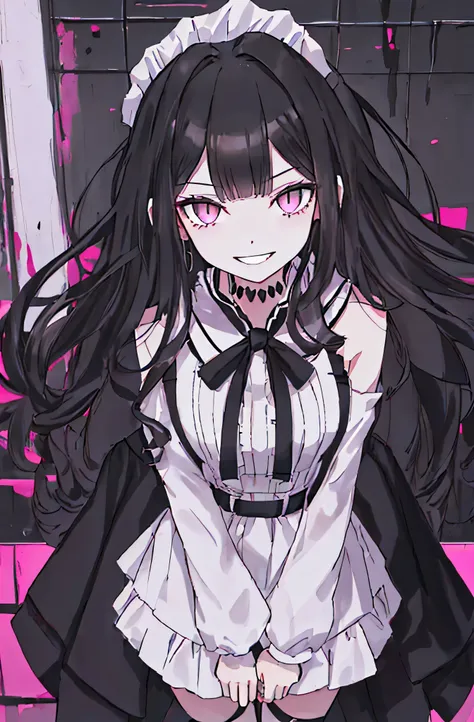(solo), (girl),(((adult))), (pink eyes),(black long hair),(blunt bangs),(+perfect hand+:1.21),(Draw an illustration of cute girl),(slender),white skin,(white and black maid clothes),laugh,smile,((((adult)))),standing , black and white clothes,((black long ...
