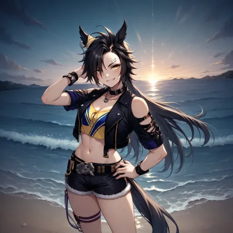 anime, lazypos, masterpiece, best quality, amazing quality, at beach, blushing, night, night time, 1girl, solo, airshakurdef, horse tail, sharp teeth, asymmetrical bangs, horse ears, ear ornament, yellow eyes, black jacket, cropped jacket, shoulder cutout,...
