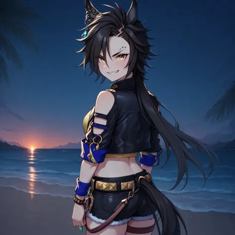 anime, lazypos, masterpiece, best quality, amazing quality, at beach, blushing, night, night time, 1girl, solo, airshakurdef, horse tail, sharp teeth, asymmetrical bangs, horse ears, ear ornament, yellow eyes, black jacket, cropped jacket, shoulder cutout,...
