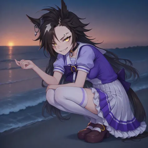 anime, lazypos, masterpiece, best quality, amazing quality, at beach, mad, flipping viewer off, night, night time, 1girl, solo, airshakurdef, horse tail, sharp teeth, asymmetrical bangs, horse ears, ear ornament, yellow eyes, eyebrow piercing, ear piercing...