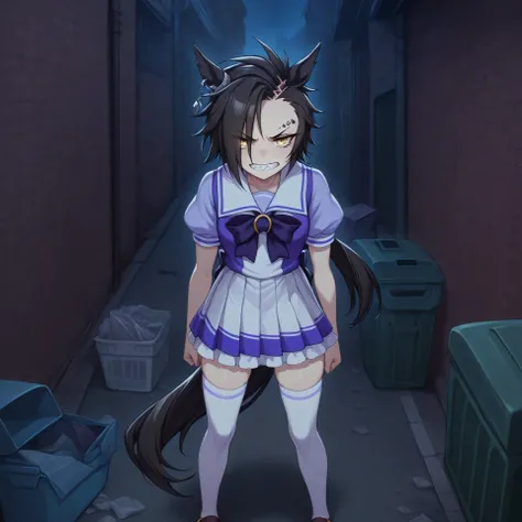anime, lazypos, masterpiece, best quality, amazing quality, in alleyway, garbage, trash, dumpster, angry at viewer, flipping viewer off, night, night time, 1girl, solo, airshakurdef, horse tail, sharp teeth, asymmetrical bangs, horse ears, ear ornament, ye...