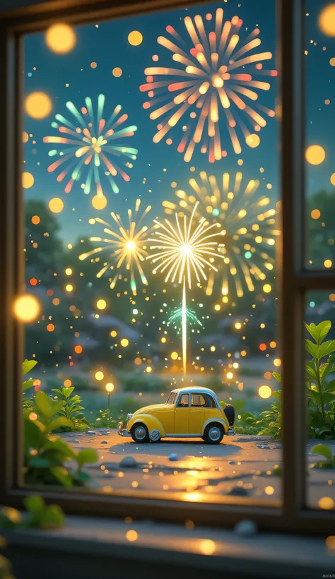 Watching fireworks while drinking wine,Scenery Seen Through a Window,Windowside with fireworks visible、high quality realistic 3d rendering,precise texture,Sparkling night view,Deep Colors,sophisticated composition,Charming Atmosphere,Delicate Details,Exqui...