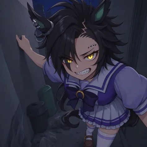anime, lazypos, masterpiece, best quality, amazing quality, in alleyway, garbage, trash, dumpster, angry at viewer, flipping viewer off, night, night time, 1girl, solo, airshakurdef, horse tail, sharp teeth, asymmetrical bangs, horse ears, ear ornament, ye...