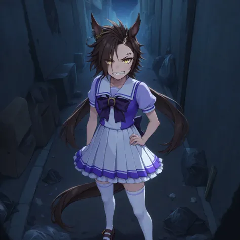 anime, lazypos, masterpiece, best quality, amazing quality, in alleyway, garbage, trash, dumpster, angry at viewer, flipping viewer off, night, night time, 1girl, solo, airshakurdef, horse tail, sharp teeth, asymmetrical bangs, horse ears, ear ornament, ye...