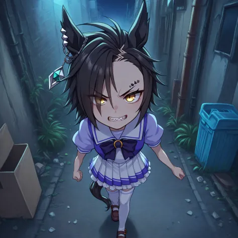 anime, lazypos, medium contrast, dark, very sharp, high colorfulness, vibrant colors, in alleyway, garbage, trash, dumpster, angry, night, night time, 1girl, solo, airshakurdef, horse tail, sharp teeth, asymmetrical bangs, horse ears, ear ornament, yellow ...