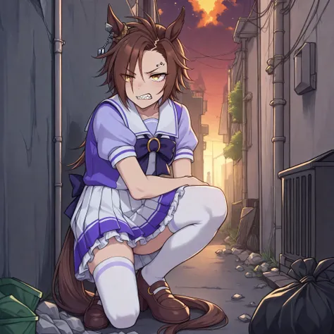 anime, lazypos, medium contrast, dark, very sharp, high colorfulness, vibrant colors, in alleyway, garbage, trash, dumpster, angry, night, night time, 1girl, solo, airshakurdef, horse tail, sharp teeth, asymmetrical bangs, horse ears, ear ornament, yellow ...