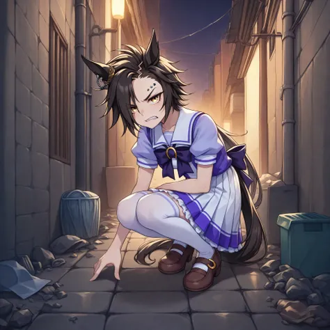 anime, lazypos, medium contrast, dark, very sharp, high colorfulness, vibrant colors, in alleyway, garbage, trash, dumpster, angry, night, night time, 1girl, solo, airshakurdef, horse tail, sharp teeth, asymmetrical bangs, horse ears, ear ornament, yellow ...