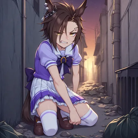 anime, lazypos, medium contrast, dark, high colorfulness, vibrant colors, in alleyway, garbage, trash, dumpster, angry, night, night time, 1girl, solo, airshakurdef, horse tail, sharp teeth, asymmetrical bangs, horse ears, ear ornament, yellow eyes, eyebro...