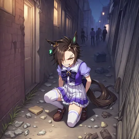 anime, lazypos, medium contrast, dark, high colorfulness, vibrant colors, in alleyway, garbage, trash, dumpster, angry, night, night time, 1girl, solo, airshakurdef, horse tail, sharp teeth, asymmetrical bangs, horse ears, ear ornament, yellow eyes, eyebro...