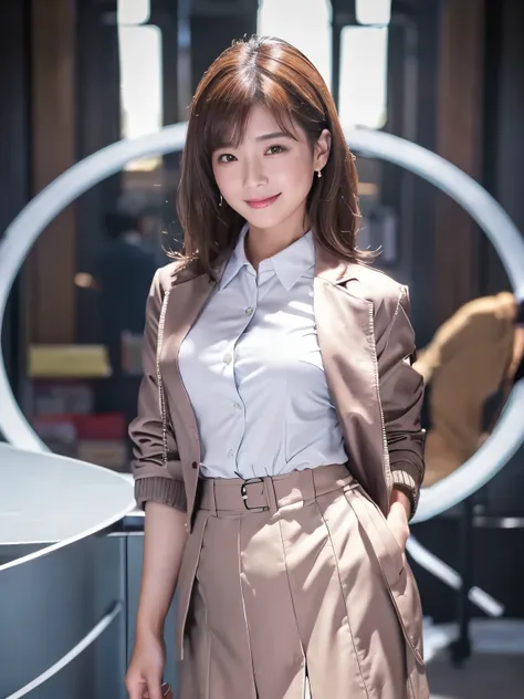 (Highest Quality, High Definition, masterpiece:1.2), very detailed, realistic:1.37, ( Perfect ),1 person, Actress, cowboy shot showing waves, Adorable and beautiful Japanese woman in her late 40s , full body view、very cute face,.smile,Position,(Laughter),...