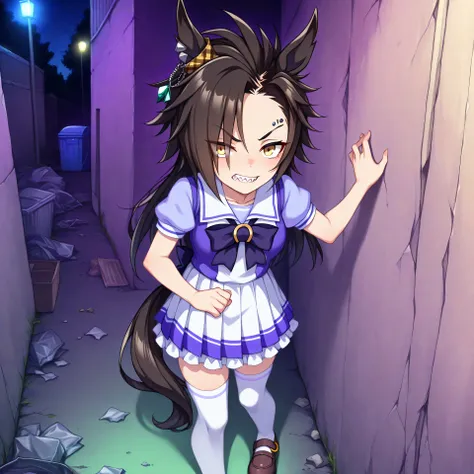 anime, lazypos, medium contrast, high colorfulness, vibrant colors, in alleyway, back to the wall, garbage, trash, dumpster, shocked, night, night time, 1girl, airshakurdef, horse tail, sharp teeth, asymmetrical bangs, horse ears, ear ornament, yellow eyes...