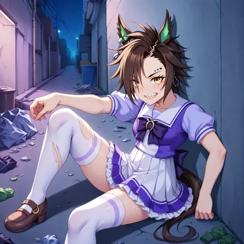 anime, lazypos, medium contrast, high colorfulness, vibrant colors, in alleyway, back to the wall, garbage, trash, dumpster, shocked, night, night time, 1girl, airshakurdef, horse tail, sharp teeth, asymmetrical bangs, horse ears, ear ornament, yellow eyes...