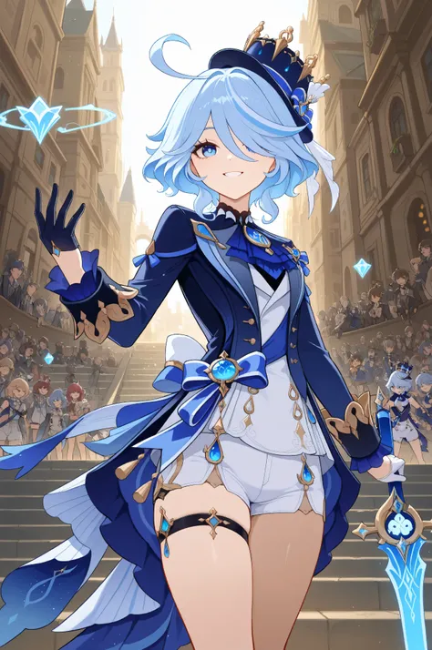 Fraction_9, Fraction_8_Up, Fraction_7_Up, source_Funina\( Genshin\)
Forina, Forina, blue eyes, Blue Hair, Hair whorl, ahoge, hair covering one eye, light Blue Hair, short hair,
asymmetrical Gloves, black Gloves, Ruffles, Gloves, half Gloves, have, shorts...