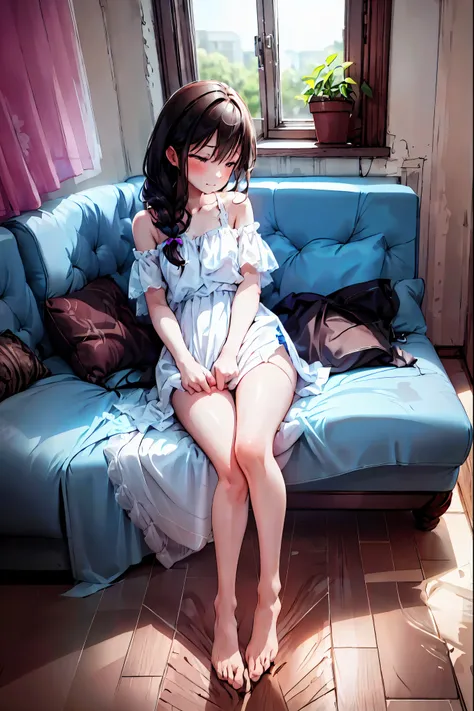 -Yuri , multiple girls,   2 Girls, Yuri,   dress, Put your hands on the couch, Long Hair, {{kissu, plant,   close eyes  ,   window  , indoor,   sitting, blurry foreground, on Put your hands on the couch, white   dress, blurry,   Exposed Shoulders    , Moon...