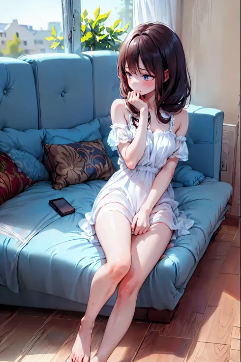 -Yuri , multiple girls,   2 Girls, Yuri,   dress, Put your hands on the couch, Long Hair, {{kissu, plant,   close eyes  ,   window  , indoor,   sitting, blurry foreground, on Put your hands on the couch, white   dress, blurry,   Exposed Shoulders    , Moon...