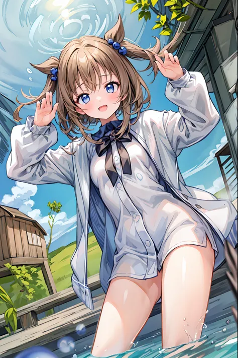 ( masterpiece), Highest Quality, cute girl leaning on a wall, is embarrassed, , Intimate moments, cute, cropped shirt, look down, High Angle, close, BREAK she says is embarrassed, she says , forest setting , cute imgae,brown hair,shortcut,unk...