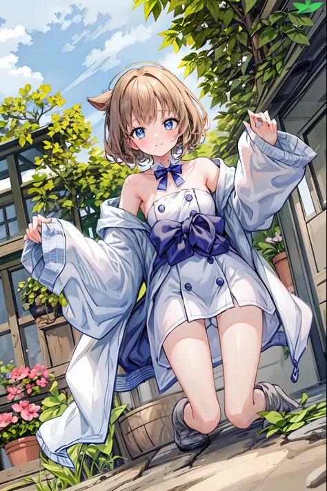 ( masterpiece), Highest Quality, cute girl leaning on a wall, is embarrassed, , Intimate moments, cute, cropped shirt, look down, High Angle, close, BREAK she says is embarrassed, she says , forest setting , cute imgae,brown hair,shortcut,unk...