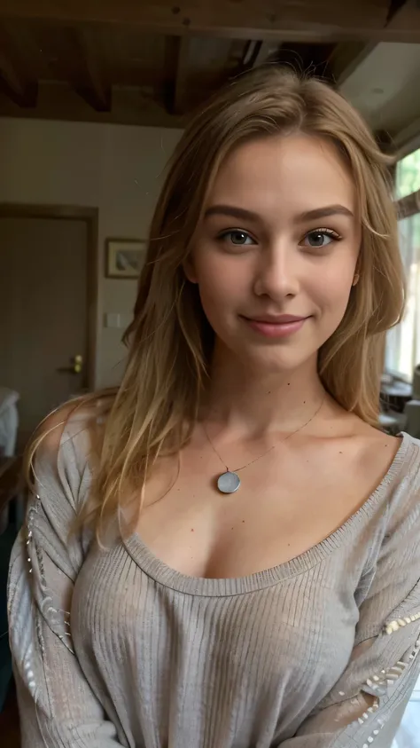 photos of blonde girls, Early 20s, Long Blonde,Natural gray eyes, wearing semi-shirted woolen clothes, Suburban front house,  Happy Face, Necklace, smiles a little, (Masterpiece, of the best quality, Practice), High Profile, in high resolution, delicacy, H...