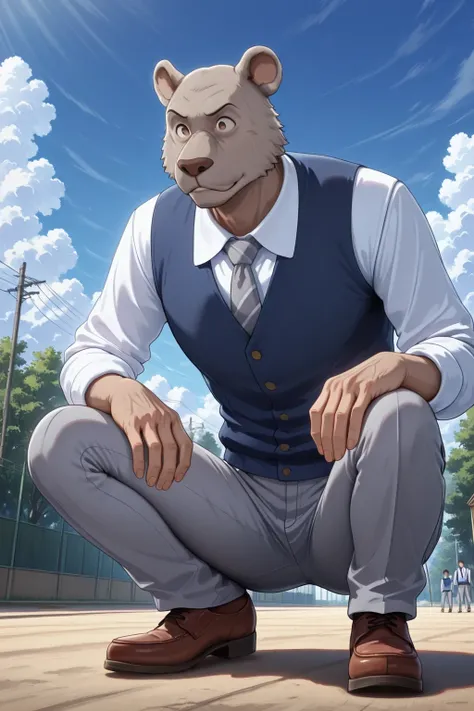 absurd result, best quality, alta calidad, detailed,  , wide shoulders, Mature man, tiny brown eyes, athletic build, musculvery hombre,  round ears , very, polish, Grey body, gray school pants with stripes ,Blue vest, white long sleeve shirt, gray tie, whi...