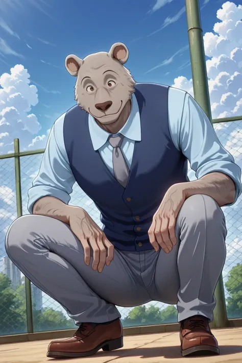 absurd result, best quality, alta calidad, detailed,  , wide shoulders, Mature man, tiny brown eyes, athletic build, musculvery hombre,  round ears , very, polish, Grey body, gray school pants with stripes ,Blue vest, long sleeve white shirt, gray tie, whi...