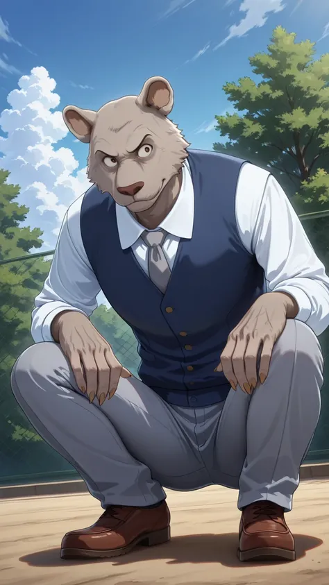 absurd result, best quality, alta calidad, detailed,  , wide shoulders, Mature man, tiny brown eyes, athletic build, musculvery hombre,  round ears , very, polish, Grey body, gray school pants with stripes ,Blue vest, white long sleeve shirt, gray tie, whi...