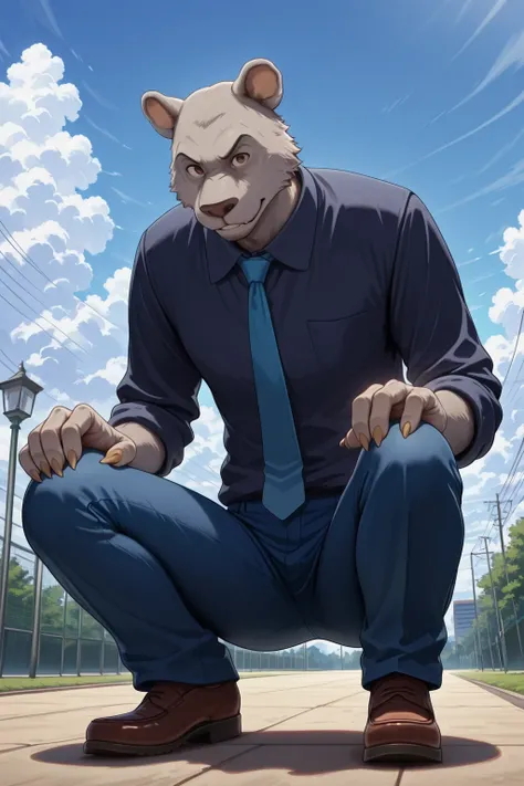 absurd result, best quality, alta calidad, detailed,  , wide shoulders, Mature man, tiny brown eyes, athletic build, musculvery hombre,  round ears , very, polish, Grey body, blue school pants, black long sleeve shirt,  blue tie, while squatting, squatting...