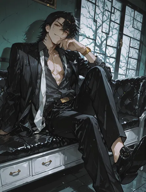 2D anime style, handsome 30-year-old man, messy short wavy black hair, no shaved sides, brown eyes, slender but toned body, wearing only a black pinstripe dress shirt with the top button undone, loose white necktie, black pants, shirt slightly open at the ...