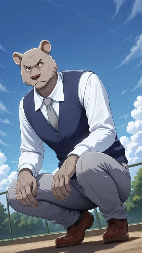 absurd result, best quality, alta calidad, detailed,  , wide shoulders, Mature man, tiny brown eyes, athletic build, musculvery hombre,  round ears , very, polish, Grey body, gray school pants with stripes ,Blue vest, white long sleeve shirt, gray tie, whi...