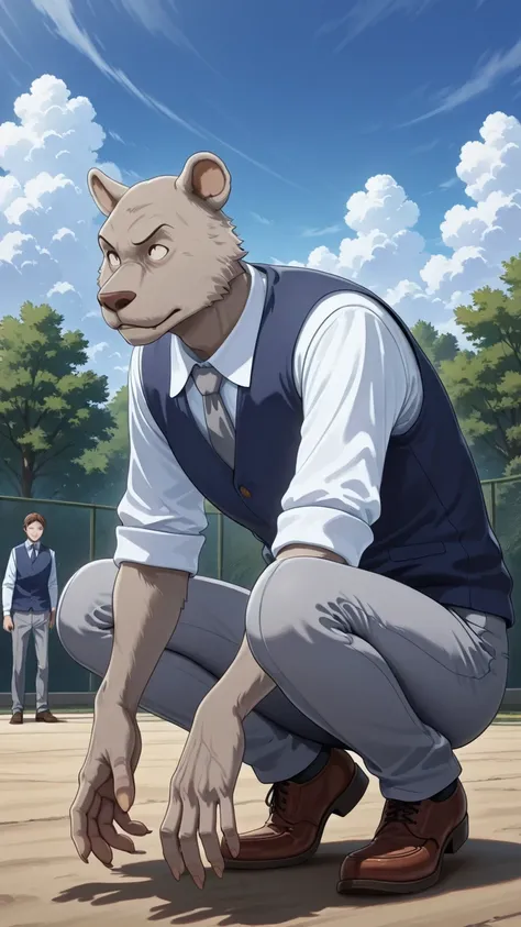 absurd result, best quality, alta calidad, detailed,  , wide shoulders, Mature man, tiny brown eyes, athletic build, musculvery hombre,  round ears , very, polish, Grey body, gray school pants with thick black stripes ,Navy blue vest, white long sleeve shi...