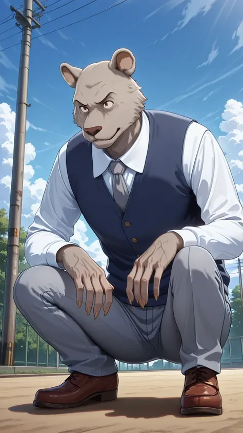 absurd result, best quality, alta calidad, detailed,  , wide shoulders, Mature man, tiny brown eyes, athletic build, musculvery hombre,  round ears , very, polish, Grey body, gray school pants with thick black stripes ,Navy blue vest, white long sleeve shi...