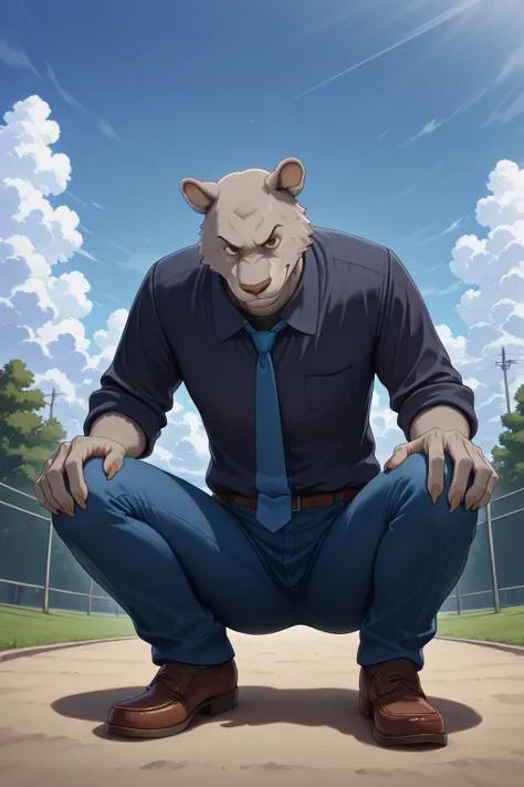 absurd result, best quality, alta calidad, detailed,  , wide shoulders, Mature man, tiny brown eyes, athletic build, musculvery hombre,  round ears , very, polish, Grey body, blue school pants, black long sleeve shirt,  blue tie, while squatting, squatting...