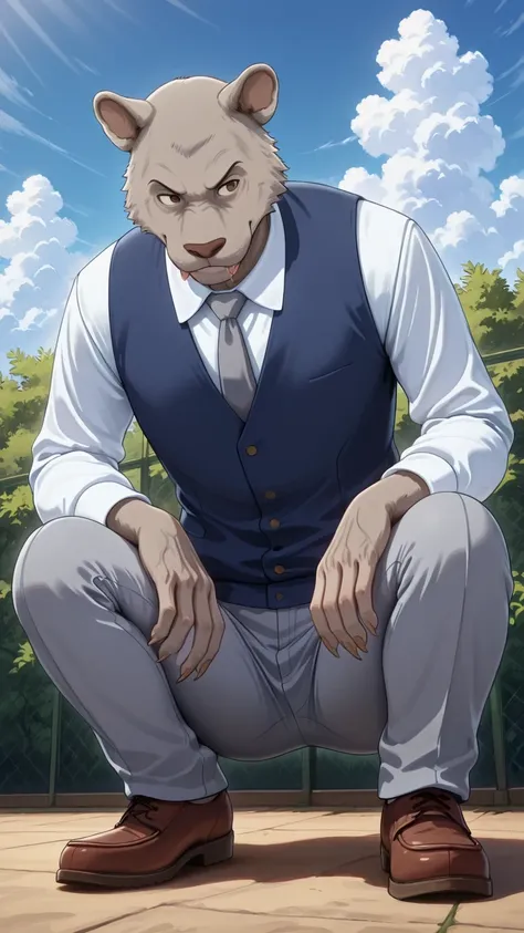 absurd result, best quality, alta calidad, detailed,  , wide shoulders, Mature man, tiny brown eyes, athletic build, musculvery hombre,  round ears , very, polish, Grey body, gray school pants with stripes ,Blue vest, white long sleeve shirt, gray tie, whi...