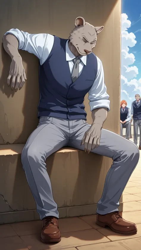 absurd result, best quality, alta calidad, detailed,  , wide shoulders, Mature man, eyes closed, athletic build, musculvery hombre,  round ears , very, polish, Grey body, gray school pants with thick black stripes ,Navy blue vest, white long sleeve shirt, ...