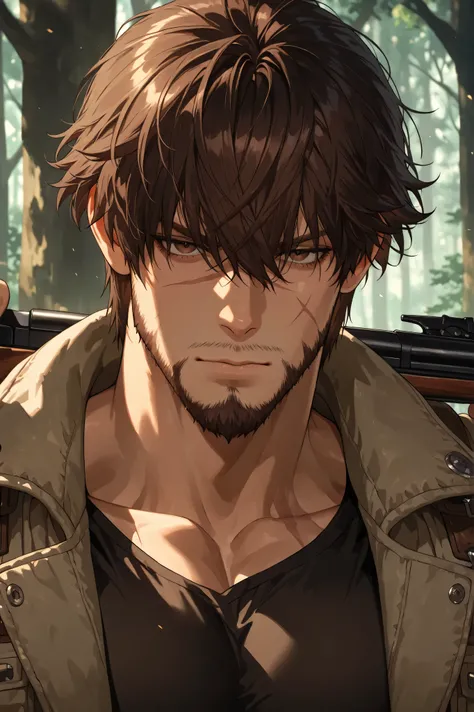 muscular mature man, rugged handsome, thick dark brown messy hair with long bangs falling over forehead, deep brown eyes, scar across face, stern expression, short tough beard, worn hunting jacket, dark clothes, holding shotgun, smuggler and hunter, deep f...