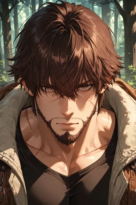 muscular mature man, rugged handsome, thick dark brown messy hair with long bangs falling over forehead, deep brown eyes, scar across face, stern expression, short tough beard, worn hunting jacket, dark clothes, smuggler and hunter, deep forest, half upper...
