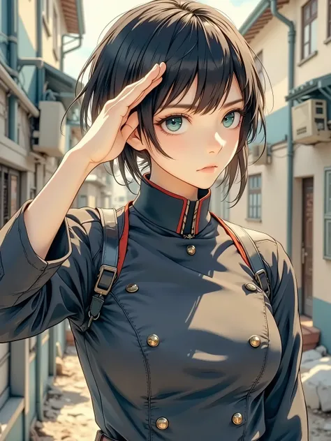 very aesthetic, upper body portrait, (Break it down a bit:1.2), illustration,
BREAK
Female non-commissioned officer turning right to salute. bold profile.
break
She is wearing a dark grey battle costume, pixie cut in military style, her nose line is sl...
