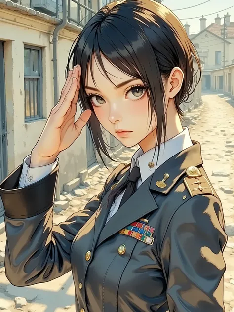 very aesthetic, upper body portrait, (Break it down a bit:1.2), illustration,
BREAK
Female non-commissioned officer turning right to salute. bold profile.
break
She is wearing a dark grey battle costume, pixie cut in military style, her nose line is sl...