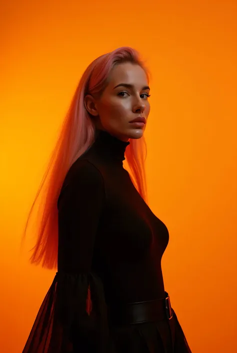 fashion editorial photography, front or side shot, upper body or full body, professional female model with long, pastel pink hair, shot with hasselblad x2d 100c, xcd 90mm f/2.5 lens, cinematic sepia color grading with golden hour warmth, dramatic black sil...
