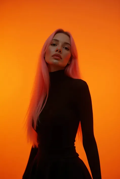 fashion editorial photography, front shot, upper body, professional female model  with long, pastel pink hair, shot with hasselblad x2d 100c, xcd 90mm f/2. 5 lens, cinematic sepia color grading with golden hour warmth, dramatic black silhouette against bur...
