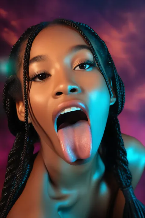 score_9, score_8_up, score_7_up, sexymouth, wide open mouth, open eyes, tongue out, close up, braids, high contrast, glowing atmosphere, dreamy lighting, atmospheric background, studio lighting, realistic face, photorealistic