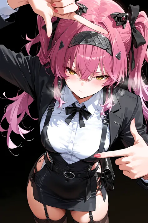 score_9, score_8_up, score_7_up, masterpiece, best quality, very aesthetic, absurdres, tunning image, attractive image, 1girl, solo, adult grown woman, hip tacet mark (wuthering waves), yellow eyes, red pupils, slit pupils, pink hair, gradient hair, twinta...