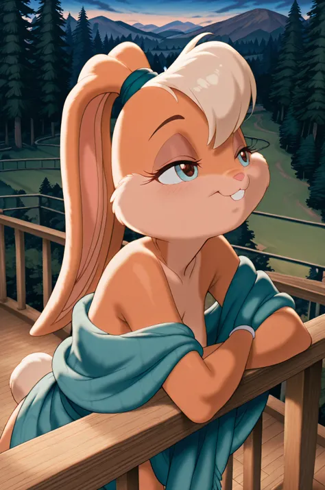 Soft-bodied anthro Lola Bunny leaning on a wooden balcony railing, overlooking a forest valley at dawn, wrapped in a cozy shawl, dreamy expression."