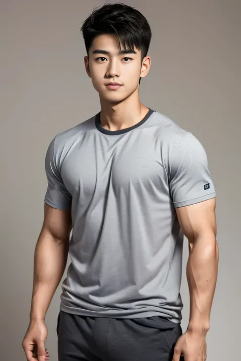 18-year-old male、Japanese、handsome guys、Macho、athlete、plain gray clothes、short hair