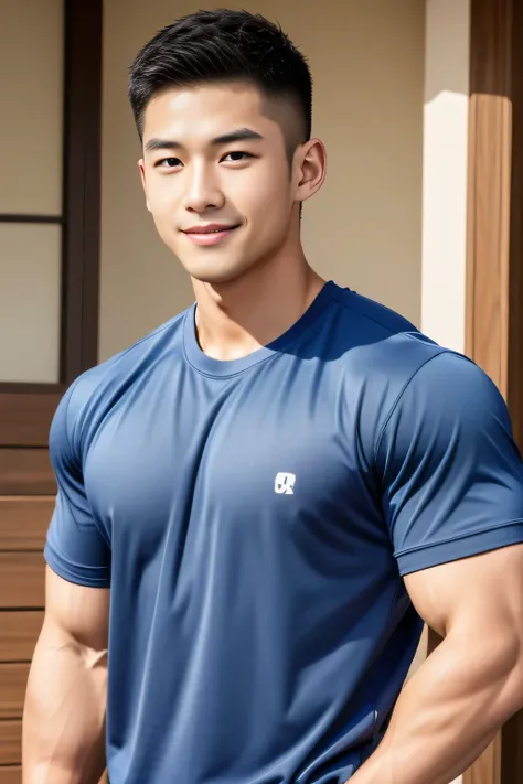 18-year-old male、Japanese、handsome guys、Macho、athlete、plain navy colored clothes、Shaved head、smile