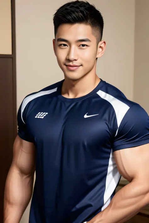 18-year-old male、Japanese、handsome guys、Macho、athlete、plain navy colored clothes、Shaved head、smile