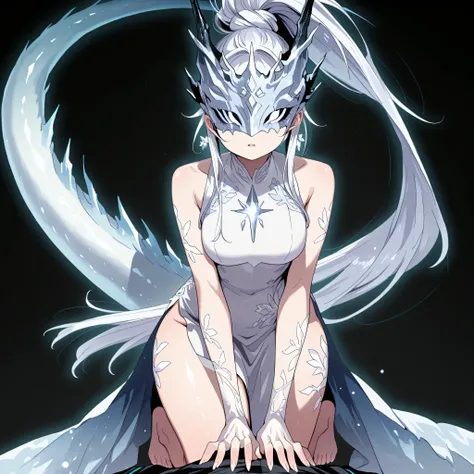 Alone, 1 girl, white energy hair, hairstyle like Reed the Flame Shadow from Arknights, tied in a long ponytail, eyes covered by a silver mask with the same design as the Frost Queen's mask from Return of the Frozen Player, perfect , student, young characte...