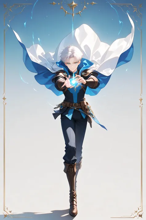 from front, anime, 1male, solo, Look at viewers, light skin, white hair, short hair, Blue fantasy clothes, Dramatic lighting, Cinematic, 4K quality, fantasy world, protagonist aura, anime boy, light blue eyes, casting a spell, dynamic pose, (full body:1.2)...